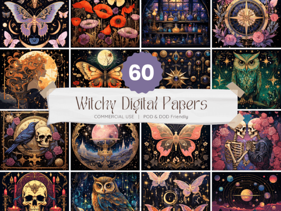 60 Witchy Tarot Celestial Digital Papers for Graphics & Backgrounds