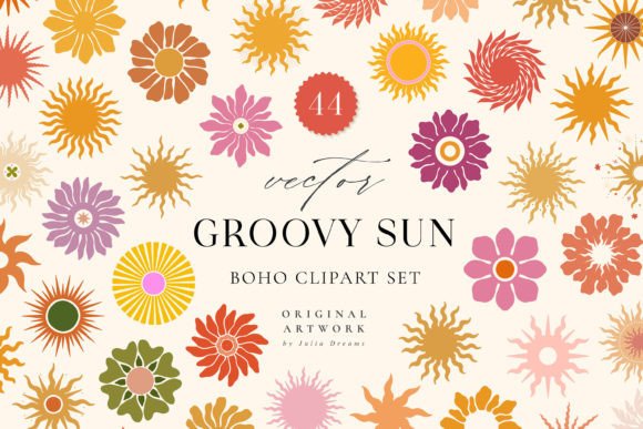 Retro Groovy Sun Digital Clipart Set for Graphics and Illustrations